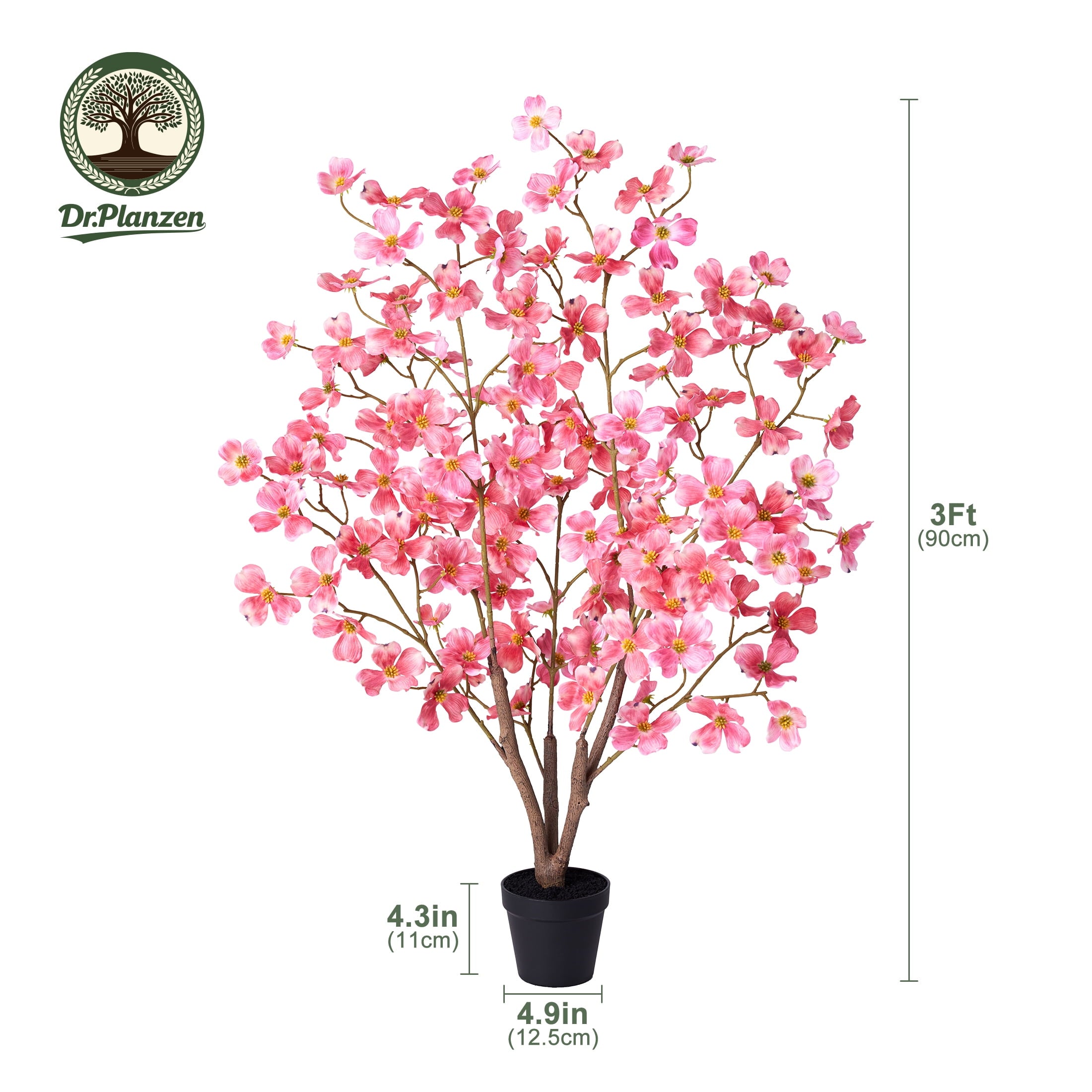 DR.Planzen 3ft Artificial Red Dogwood Tree, Lifelike Faux Dogwood Flower Tree with Green Leaves for Home Decor Indoor Outdoor, Spring Decoration for Living Room Office