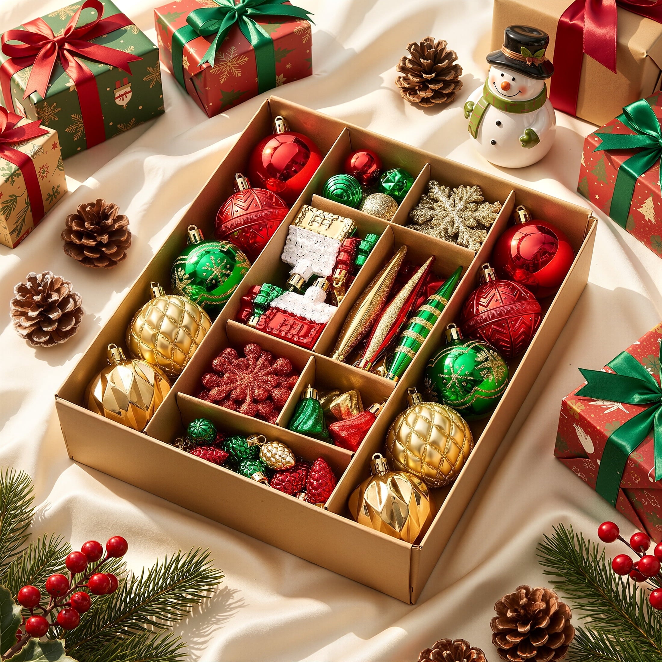 DR.Planzen 96PCS Christmas Ball Ornaments Set, Red Green Gold Ornaments, Christmas Tree Decorations, Xmas Ornaments - 9 Shapes, 1.2-4.8in Holiday Decor with 100 Hanging Strings