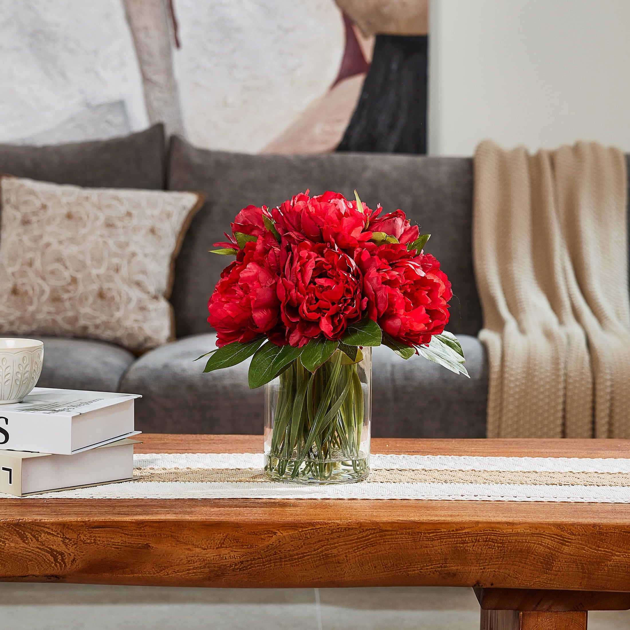 DR.Planzen 12in Artificial Peonies with Vase Red Artificial Peony Flower Arrangement ¨C 9 Bloom Realistic Faux Peonies in Glass Vase with Faux Water for Table Centerpiece Wedding Home Office Decor