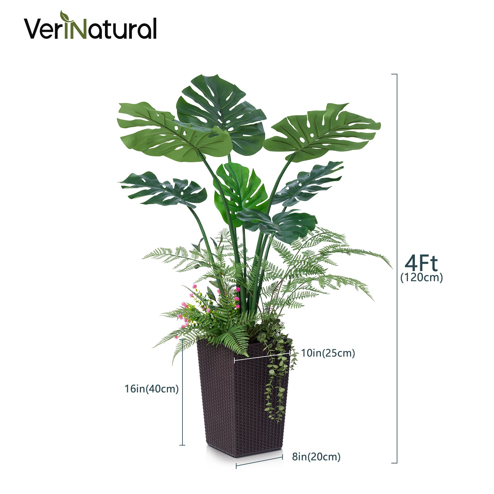 VeriNatural 4FT Mixed Fern and Monstera Deliciosa Artificial Plants with Black Taper Planter for Indoor & Outdoor (VN150)
