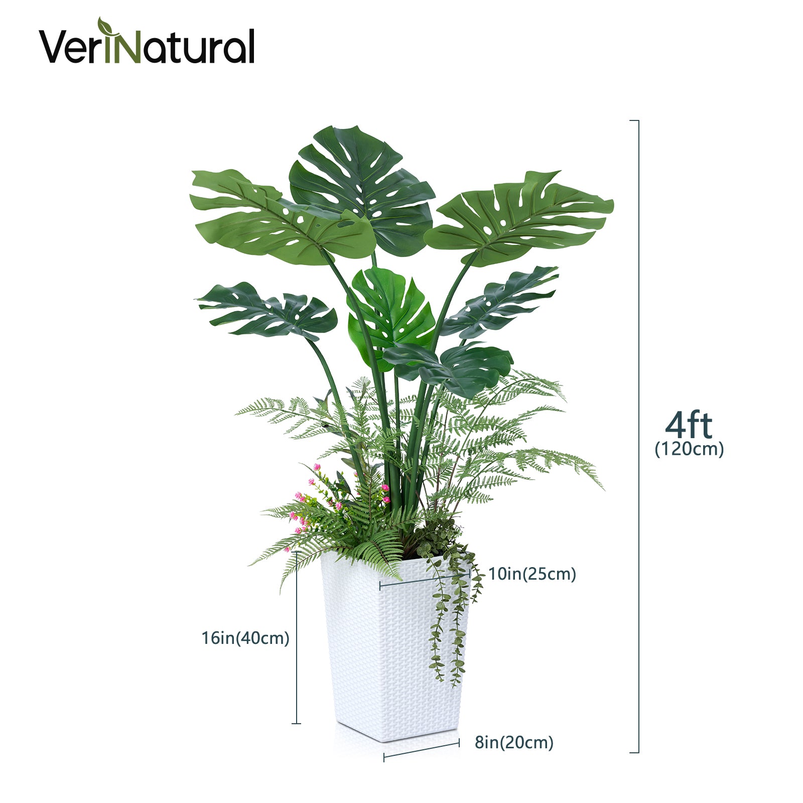 VeriNatural 4FT Mixed Fern and Monstera Deliciosa Artificial Plants with Black Taper Planter for Indoor & Outdoor (VN150)