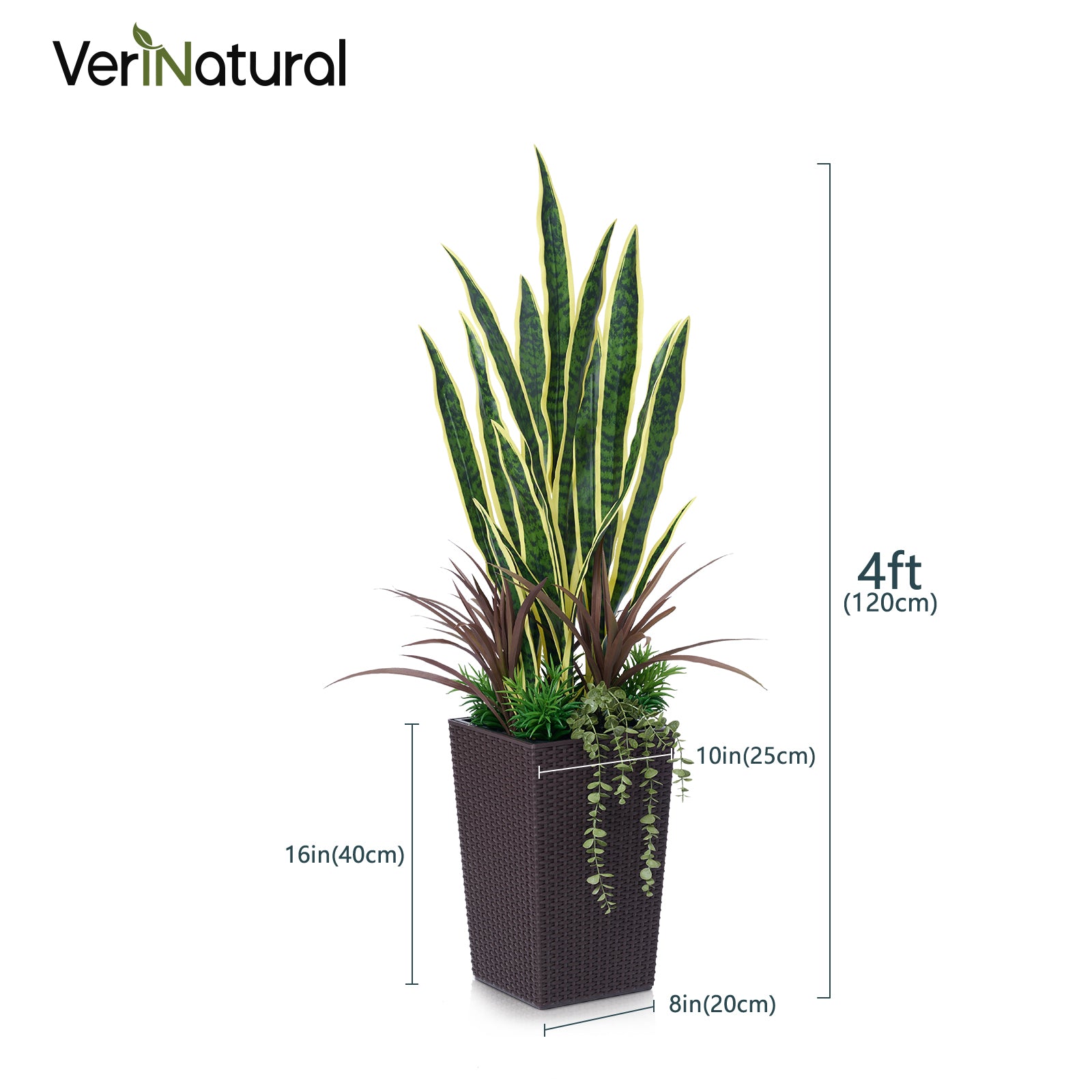 VeriNatural 4FT Mixed Greens and Snake Artificial Plants with Black Taper Planter for Indoor & Outdoor （VN152）