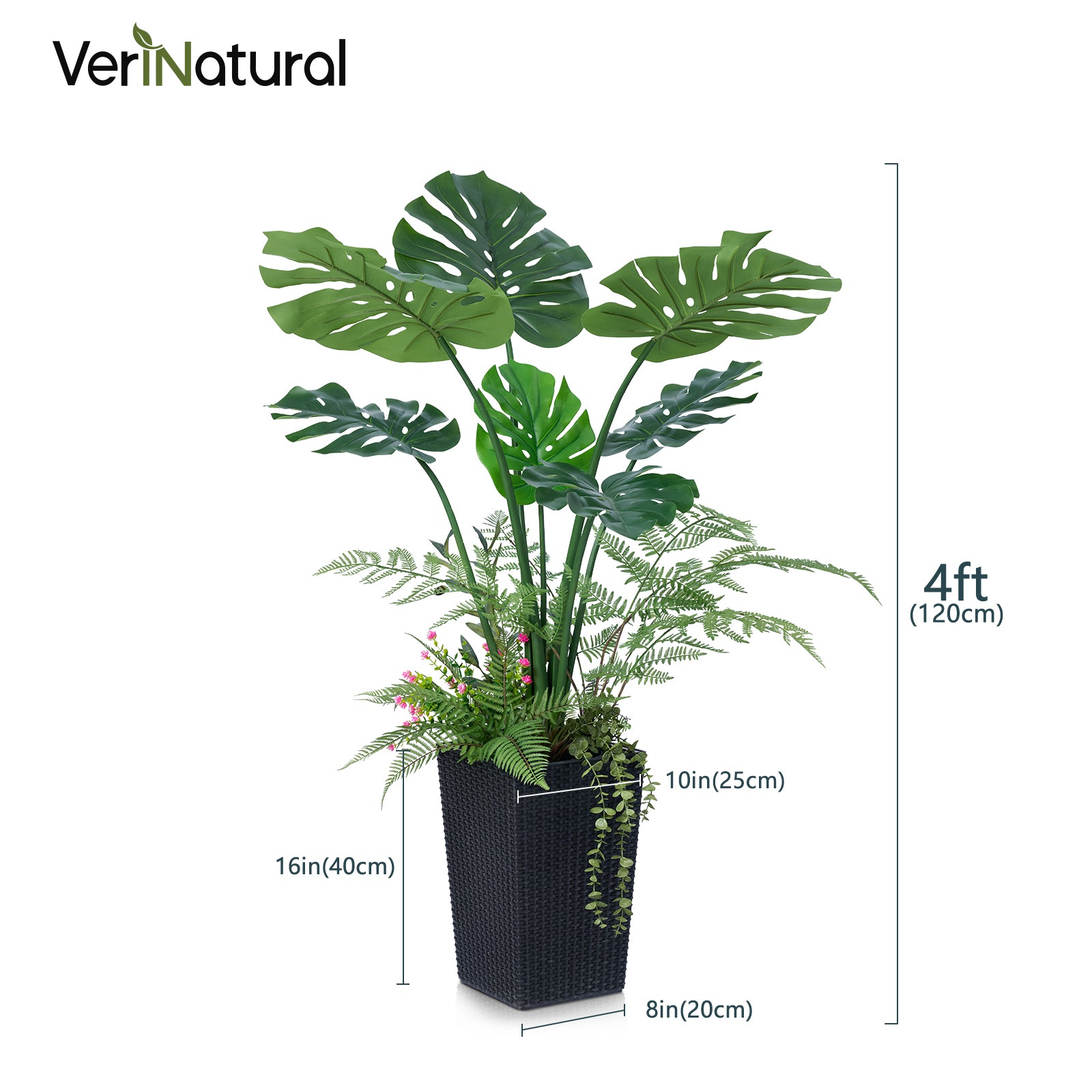 VeriNatural 4FT Mixed Fern and Monstera Deliciosa Artificial Plants with Black Taper Planter for Indoor & Outdoor (VN150)