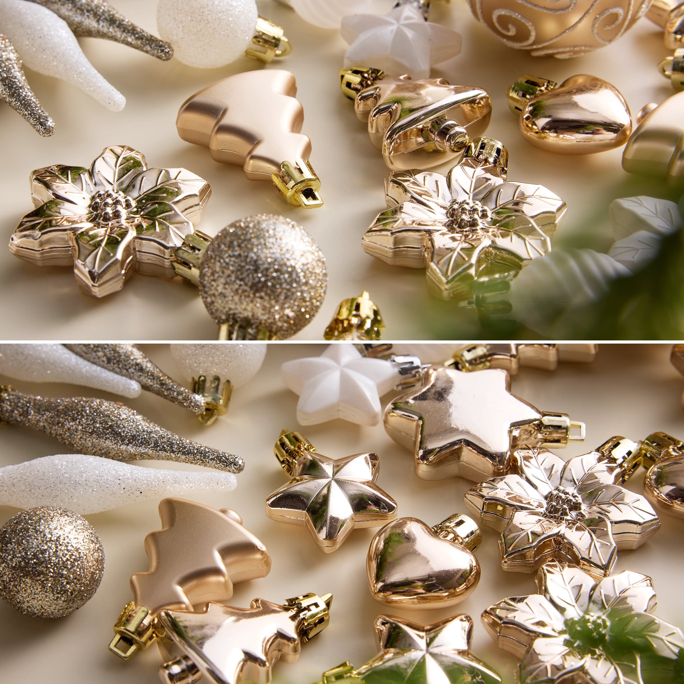 DR.Planzen 44ct Rose Gold & White Christmas Ornaments Set, Assorted 2.36" & 1.18" Embossed Glazed Holiday Balls with Snowflakes & Stars, Trendy Indoor Decor