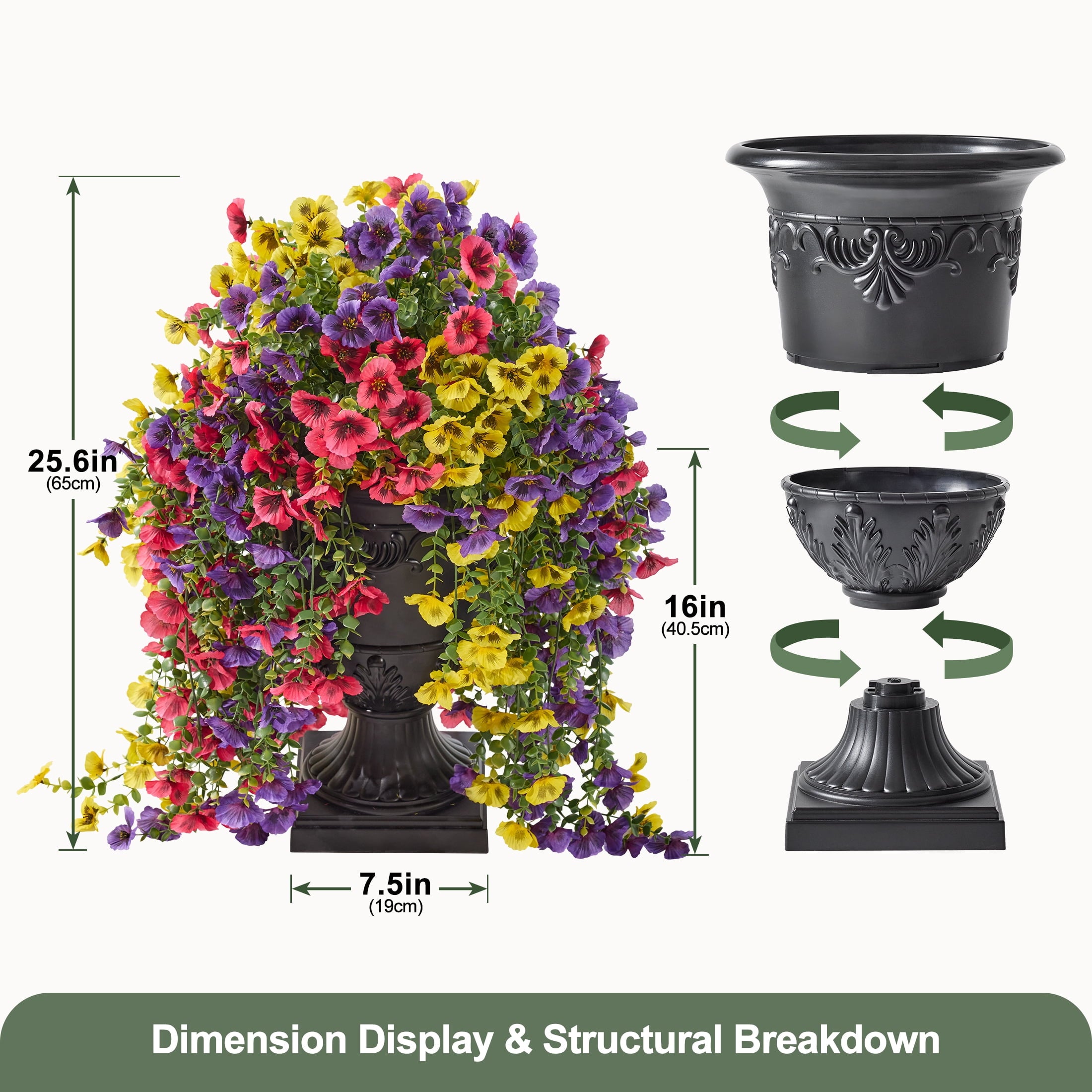 DR.Planzen 2 Pack 26in Artificial Pansy Flowers, Faux Hanging Flowers, Fake Outdoor Flowers, Pansy Arrangement - 660 Blooms in Black Urn Planter - Spring Decor for Covered Porch Patio Entryway